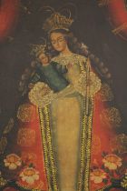 Cusco school, early 20th century, Oil on canvas on board, portrait of the Virgin Mary and child.