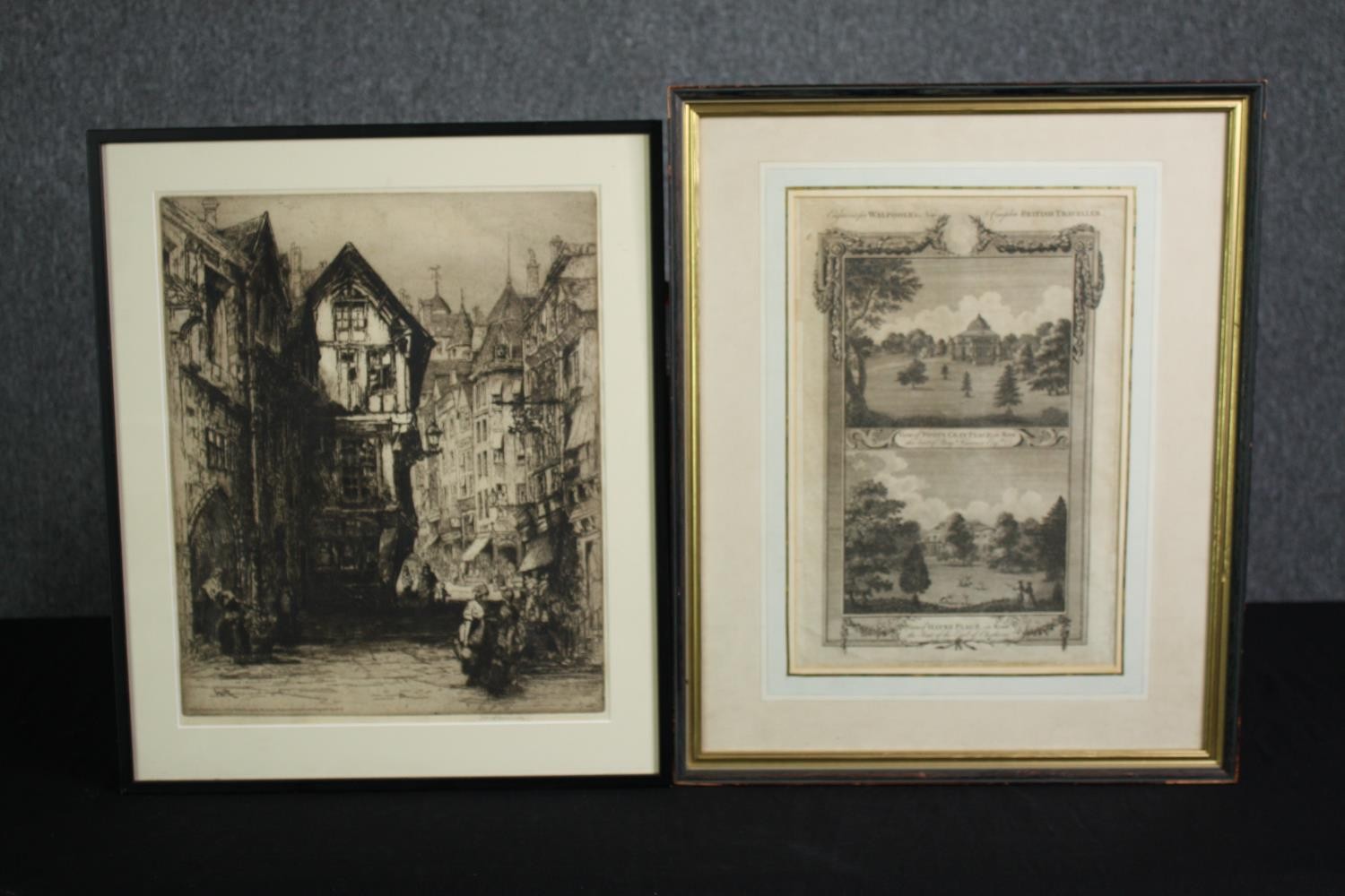 A 19th century framed and glazed signed etching and a 19th century gilt framed and glazed engraving.