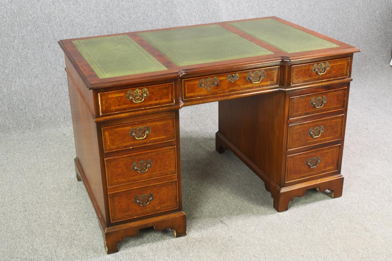 A burr walnut and satinwood inlaid Georgian style pedestal desk with inset leather top, 20th century - Image 3 of 9