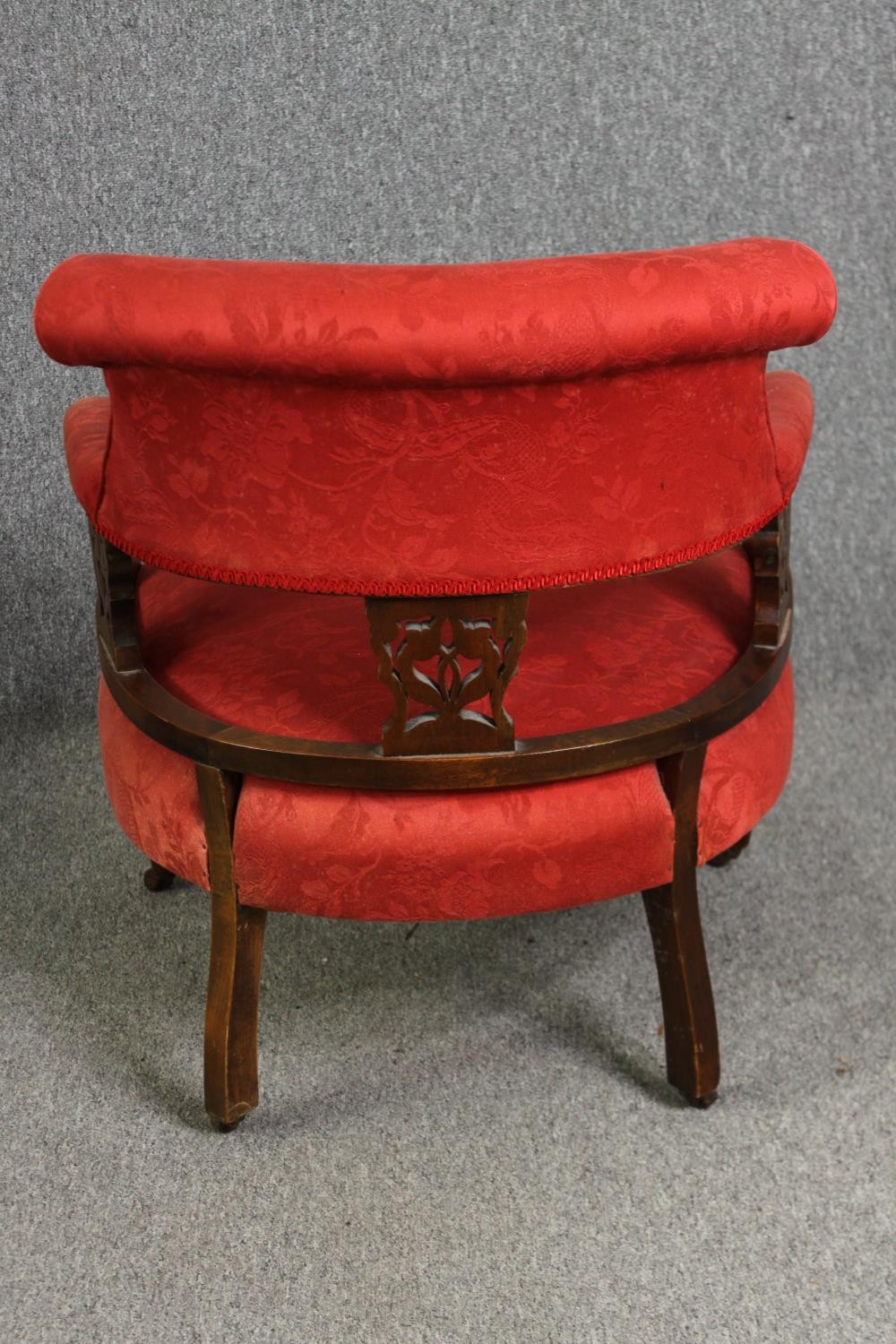 A pair of late Victorian walnut salon tub chairs, in red damask upholstery, H.74cm. (each). - Image 5 of 6