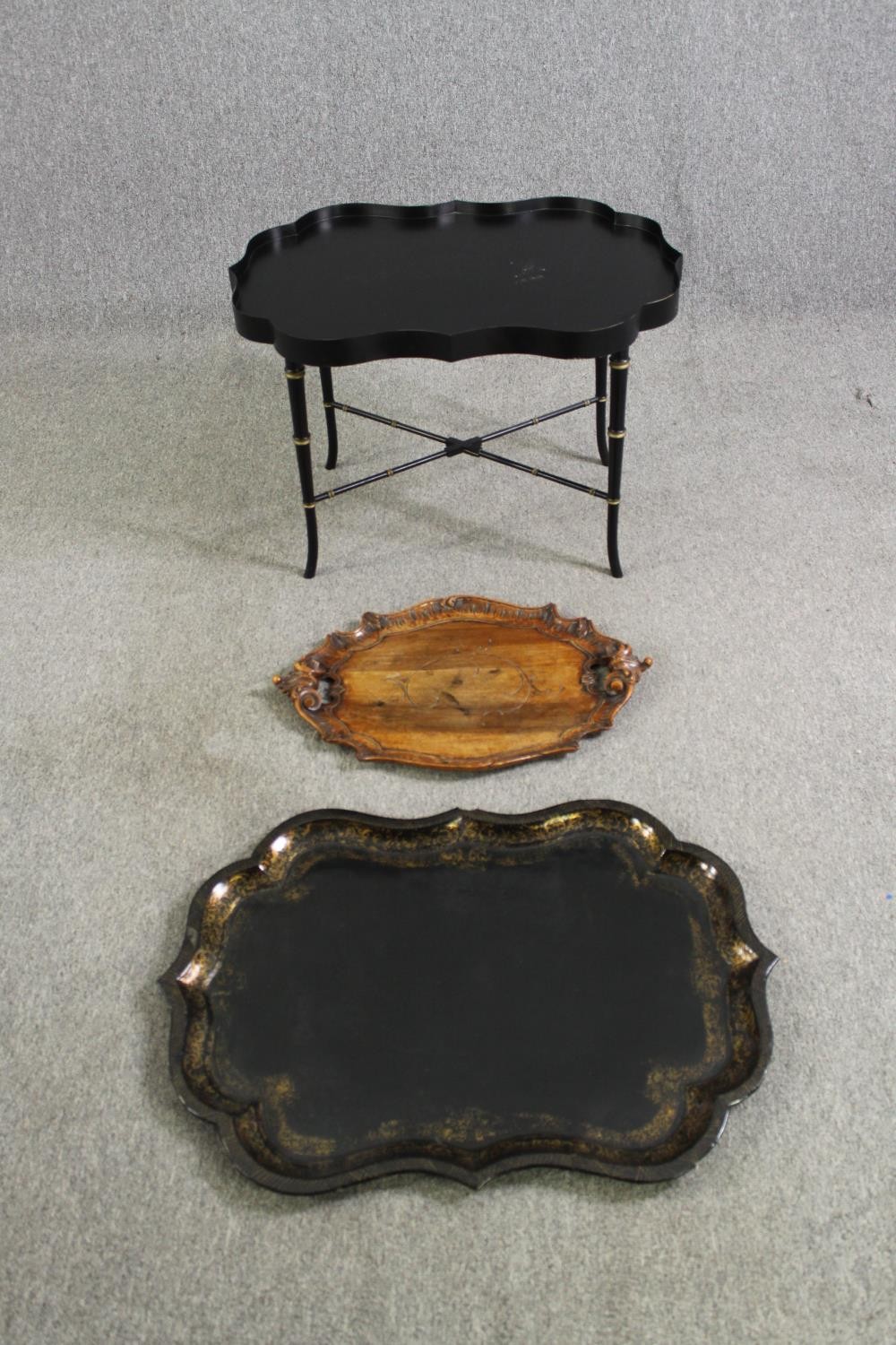 A Victorian papier mâché tray on later ebonized stand, along with a carved walnut tray. H.54 W.82 - Image 2 of 16