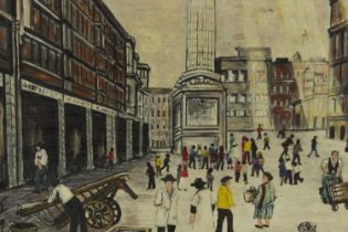 Oil on board, industrial scene in the manner of Lowry, monogrammed and dated, framed. H.36 W.38cm.