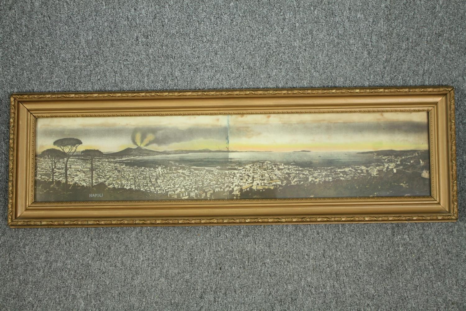 A framed and glazed watercolour, panoramic view of the Bay of Naples. H.34 W.112cm.