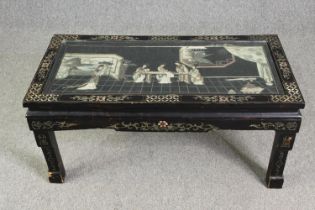 A 1920's Chinese style simulated lacquer and inlaid coffee table, H.46 W.102 D.51cm.