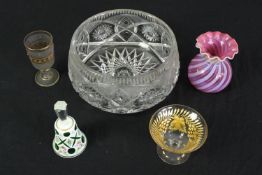 A vintage cut glass fruit bowl along with other glass items. Dia.25cm. (largest).