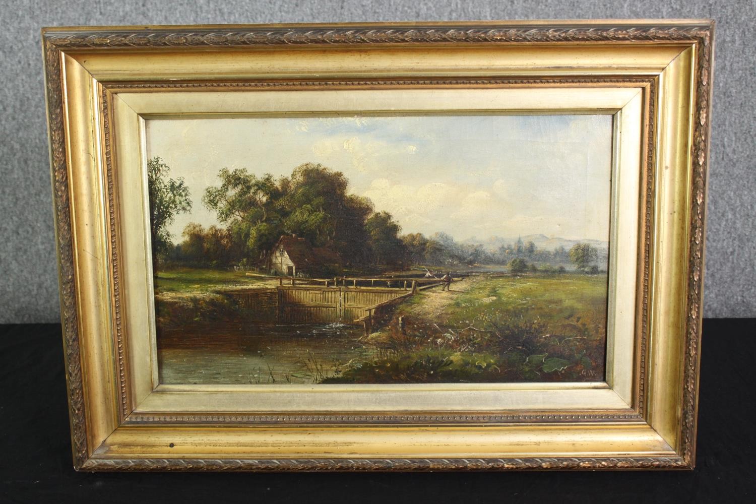 English school, an oil on canvas depicting a countryside scene with a lock, 19th century, - Image 2 of 4