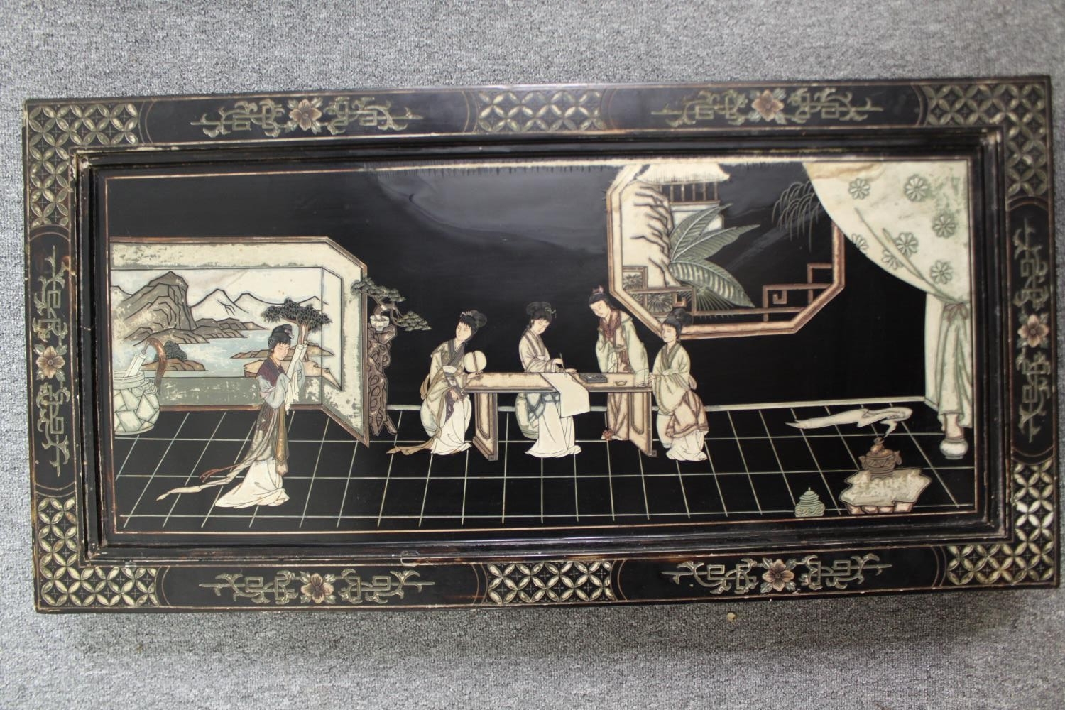 A 1920's Chinese style simulated lacquer and inlaid coffee table, H.46 W.102 D.51cm. - Image 10 of 12