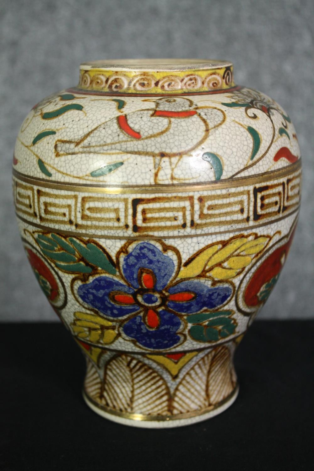 A pair of early 20th century Japanese Satsuma Kinkozan Asano Zo hand painted vases with stylised - Image 3 of 4