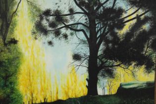 Oil on board. mid century, tree in silhouette to the foreground, signed Lee. H.70 W.80cm.