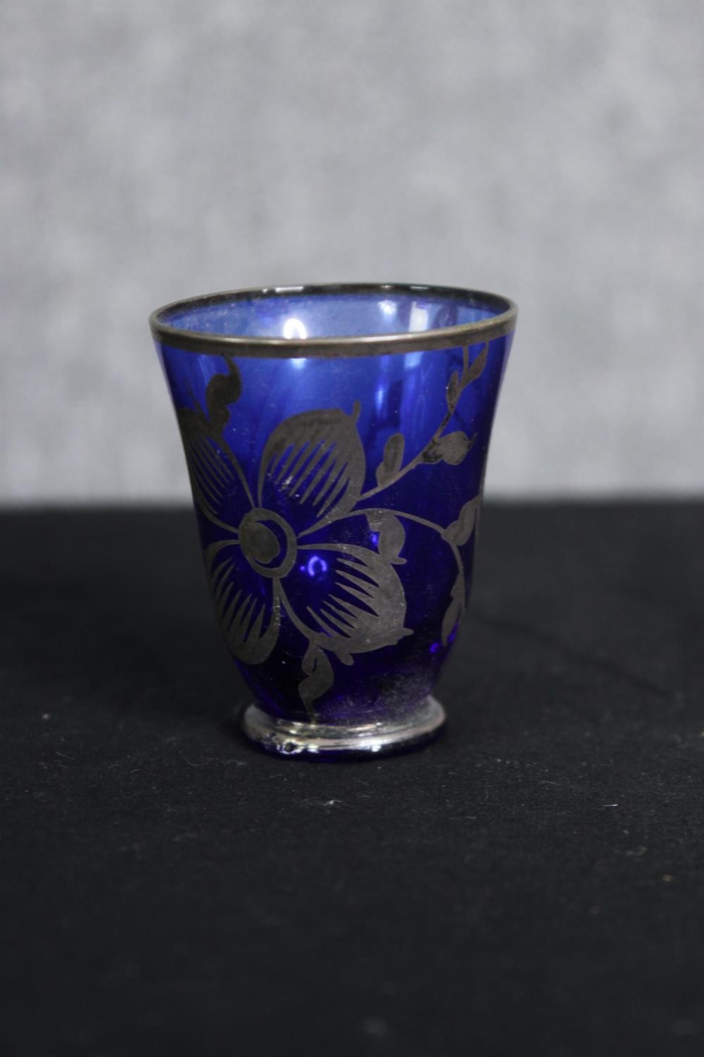 A collection of cobalt Bohemian glass, including a silvered blue decanter and shot glass with - Image 5 of 8