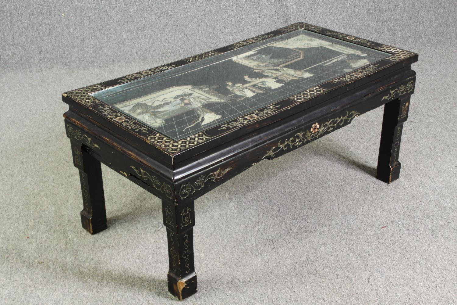 A 1920's Chinese style simulated lacquer and inlaid coffee table, H.46 W.102 D.51cm. - Image 3 of 12