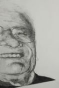A large pencil portrait of an old man with glasses, signed Jessica Temple and dated 2009 to the