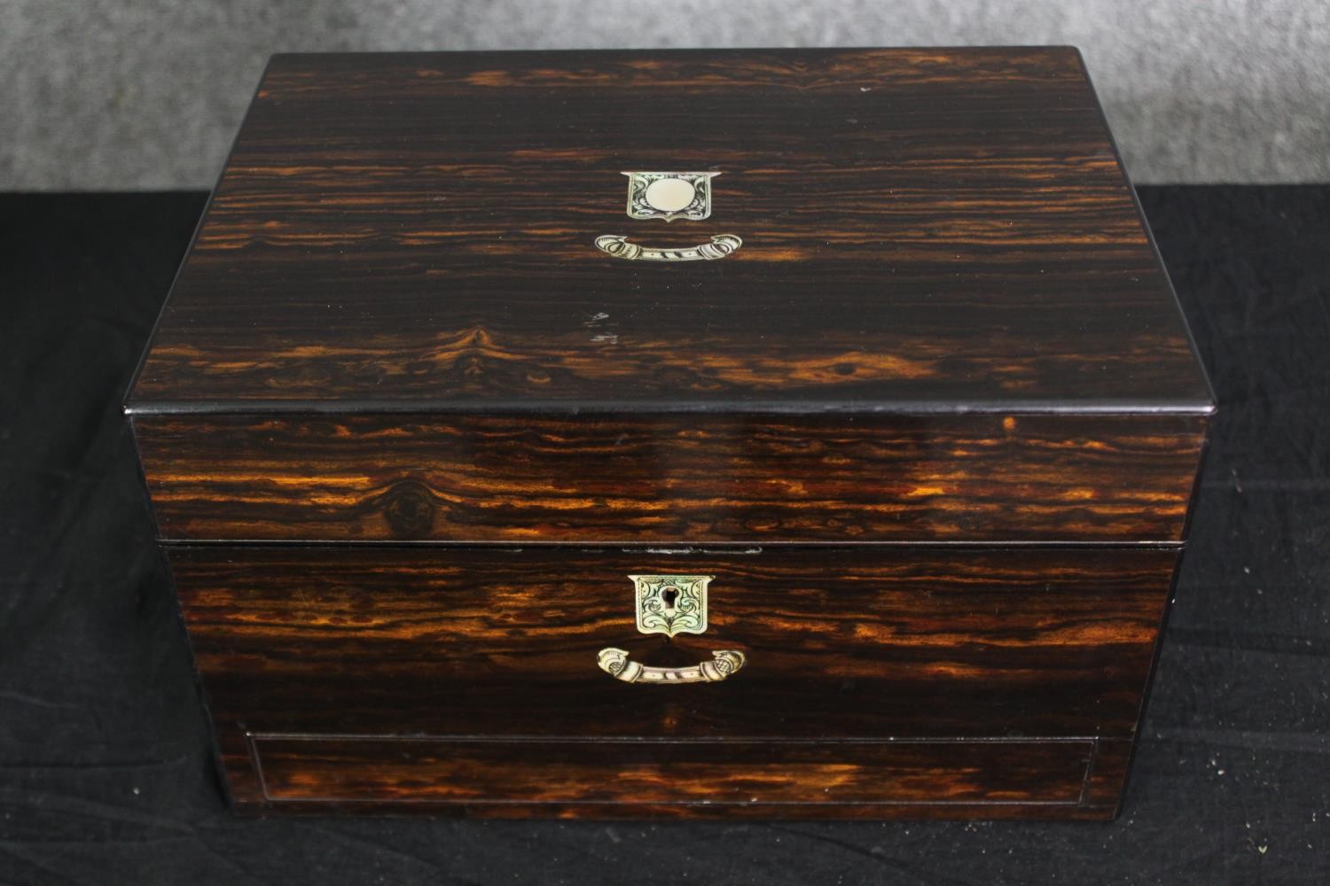 A Victorian coromandel travelling vanity box, with associated silver and glass fitted interior, H.18 - Image 3 of 15