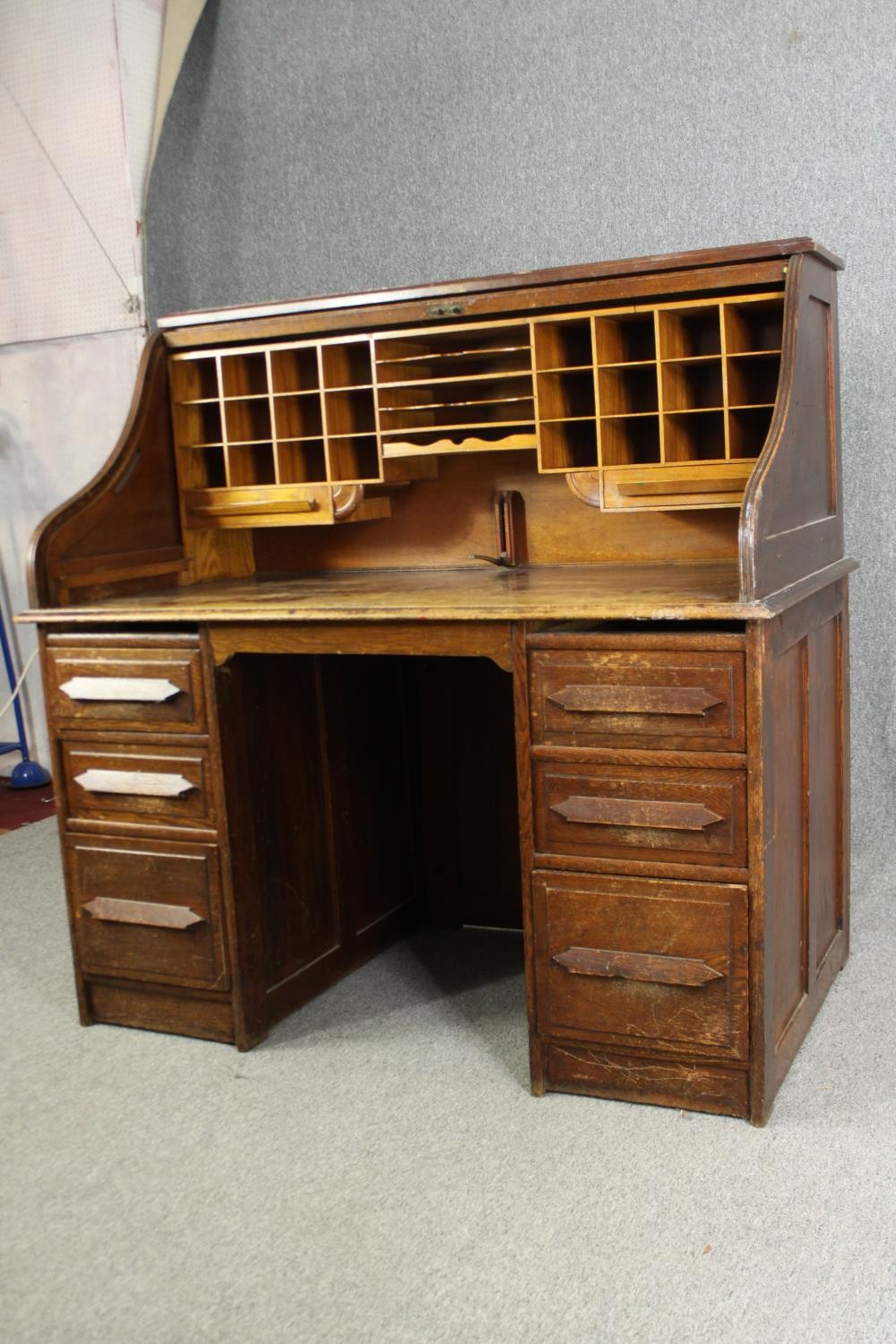 An oak roll top tambour fronted desk, early 20th century with maker's mark. H.128 W.126 D.76cm. - Image 3 of 8