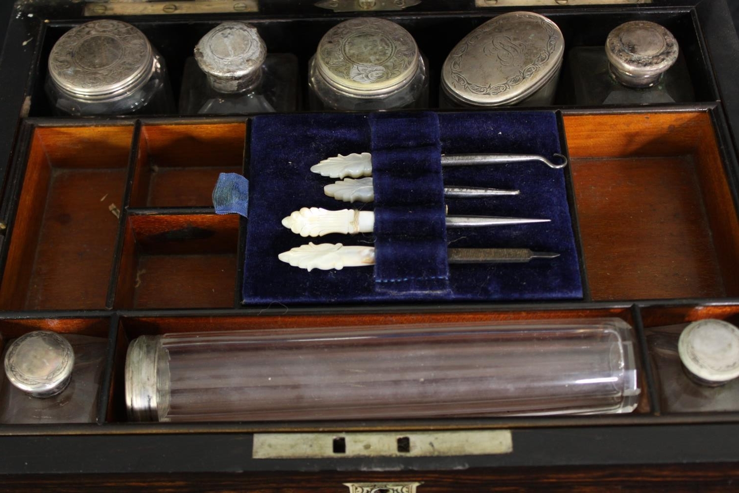 A Victorian coromandel travelling vanity box, with associated silver and glass fitted interior, H.18 - Image 6 of 15