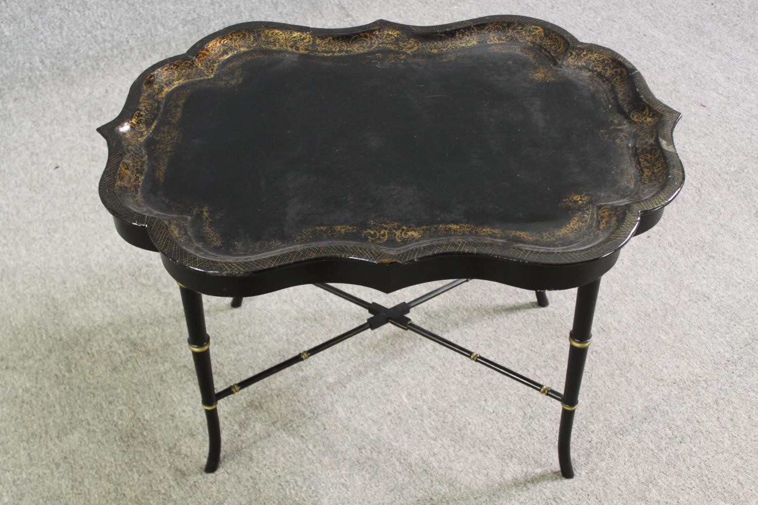A Victorian papier mâché tray on later ebonized stand, along with a carved walnut tray. H.54 W.82 - Image 6 of 16