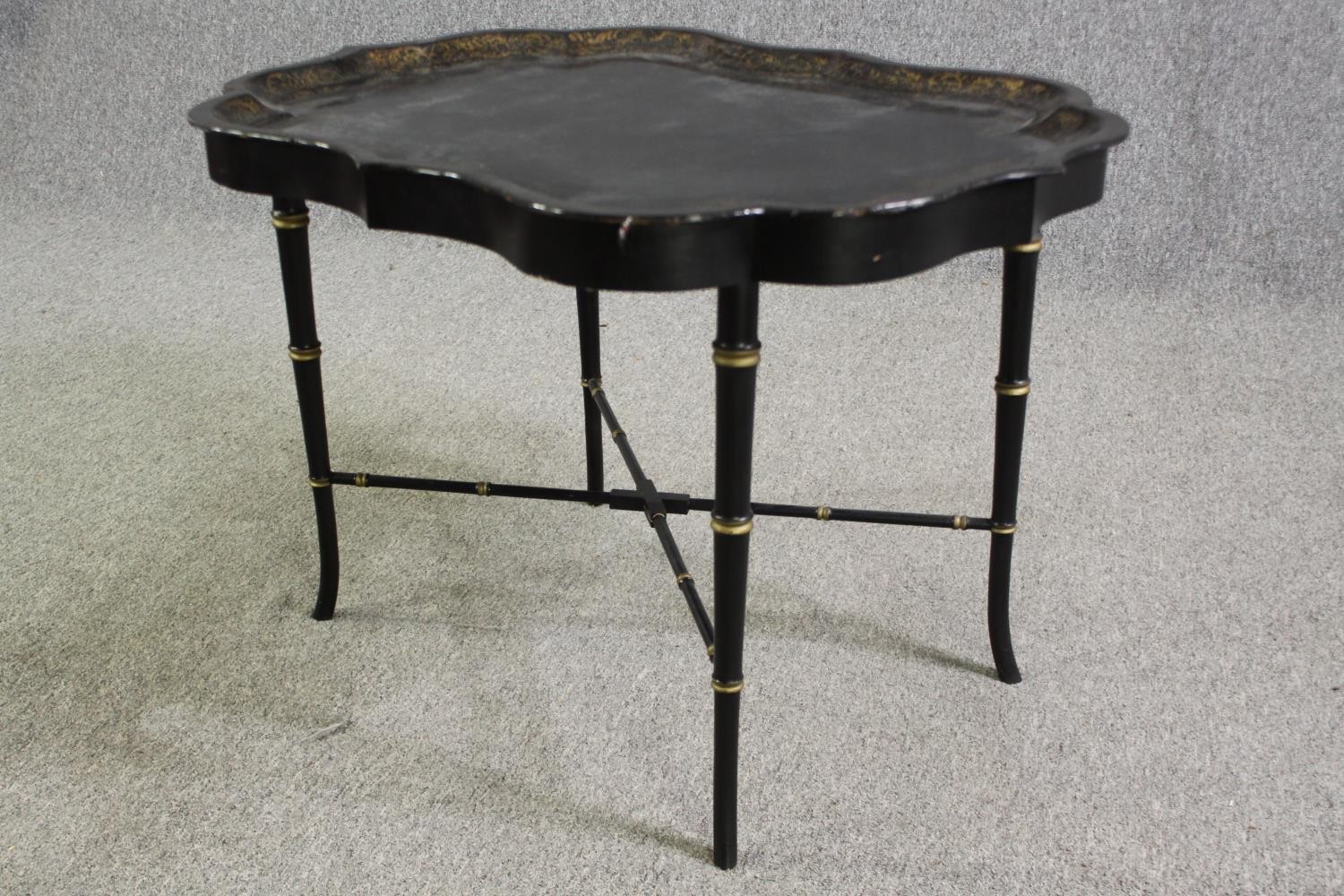 A Victorian papier mâché tray on later ebonized stand, along with a carved walnut tray. H.54 W.82 - Image 5 of 16