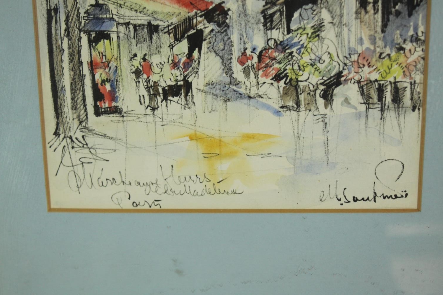Watercolour with ink, mid century Parisian street scene, indistinctly signed and inscribed, framed - Image 3 of 4