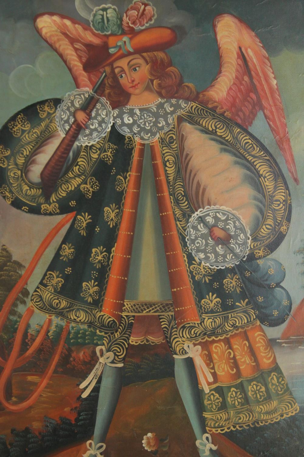 Cusco school, 20th century oil on canvas of archangel Gabriel. Signed Siglo and dated. Framed. H.