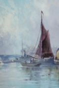 Oil on board of sailing boats on a river, indistinctly signed, BAGE? H.72 W.42cm.