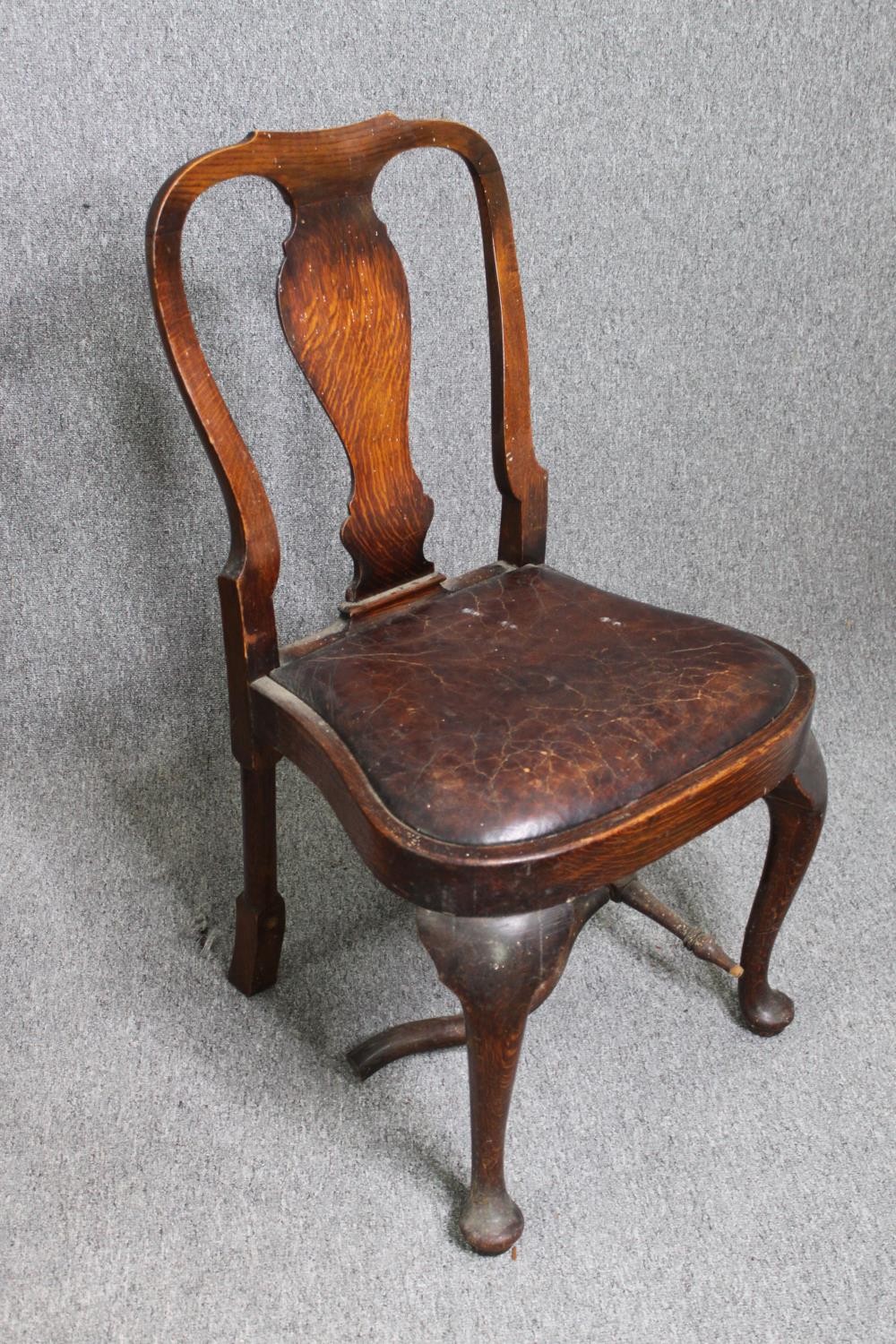 A set of four early 20th century oak George I style dining chairs with leather seats. (One stretcher - Image 2 of 7