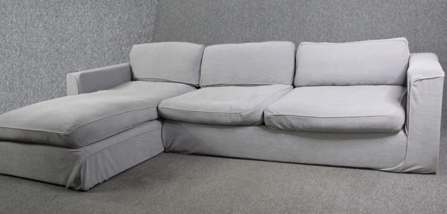 A contemporary Plumbs light grey corner sofa and matching stool. H.78 W.290 D.175cm. - Image 2 of 7