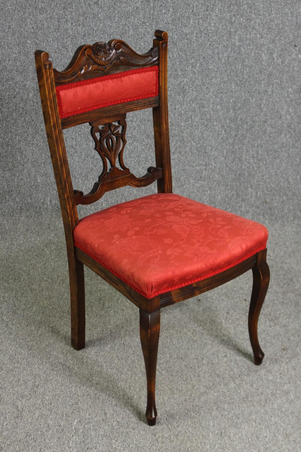 A set of four late Victorian walnut salon chairs in red damask upholstery - Image 3 of 6
