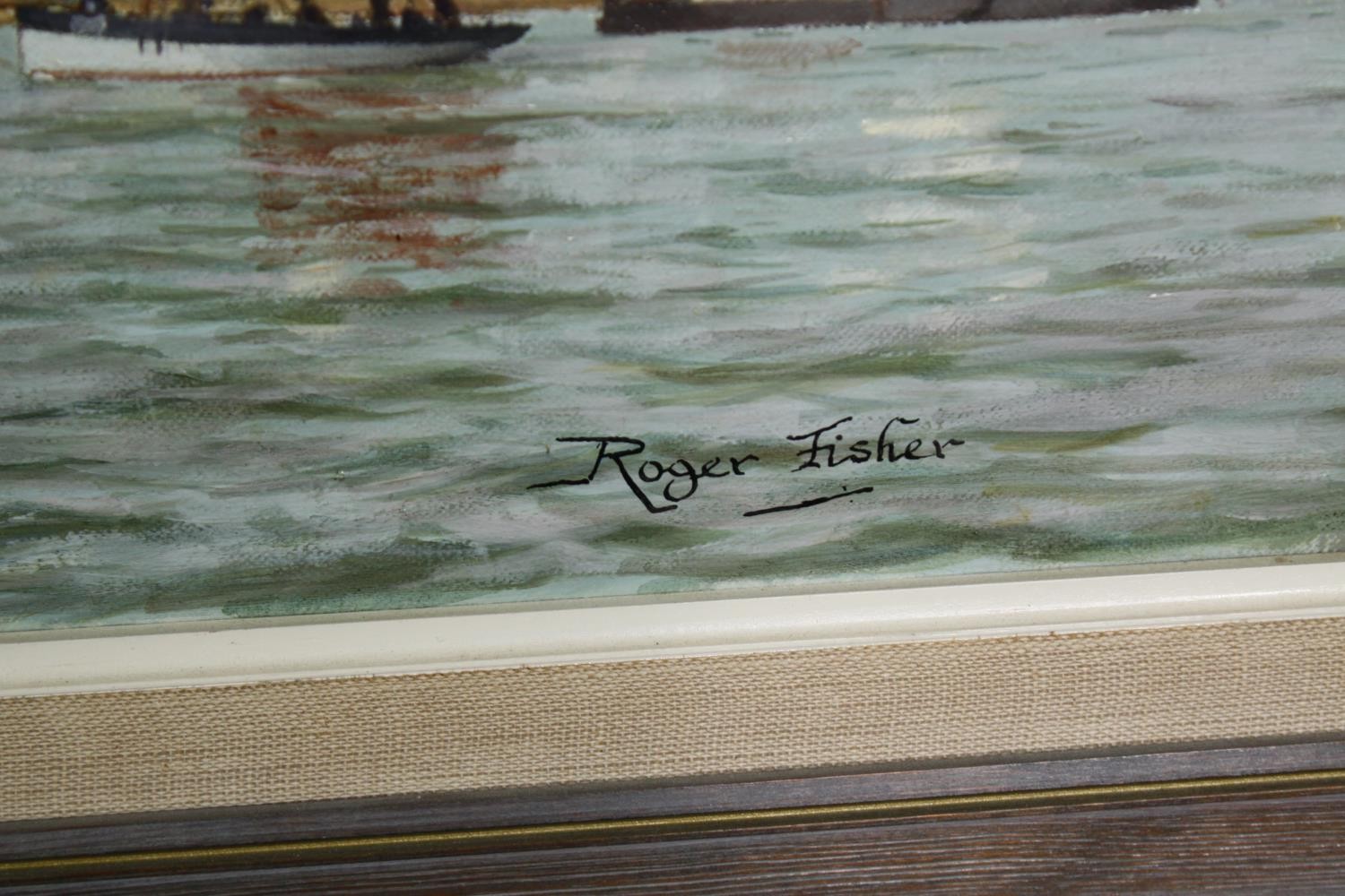 Roger Fisher, oil on canvas of sailing boats, signed and titled. H.50 W.75cm. - Image 3 of 3