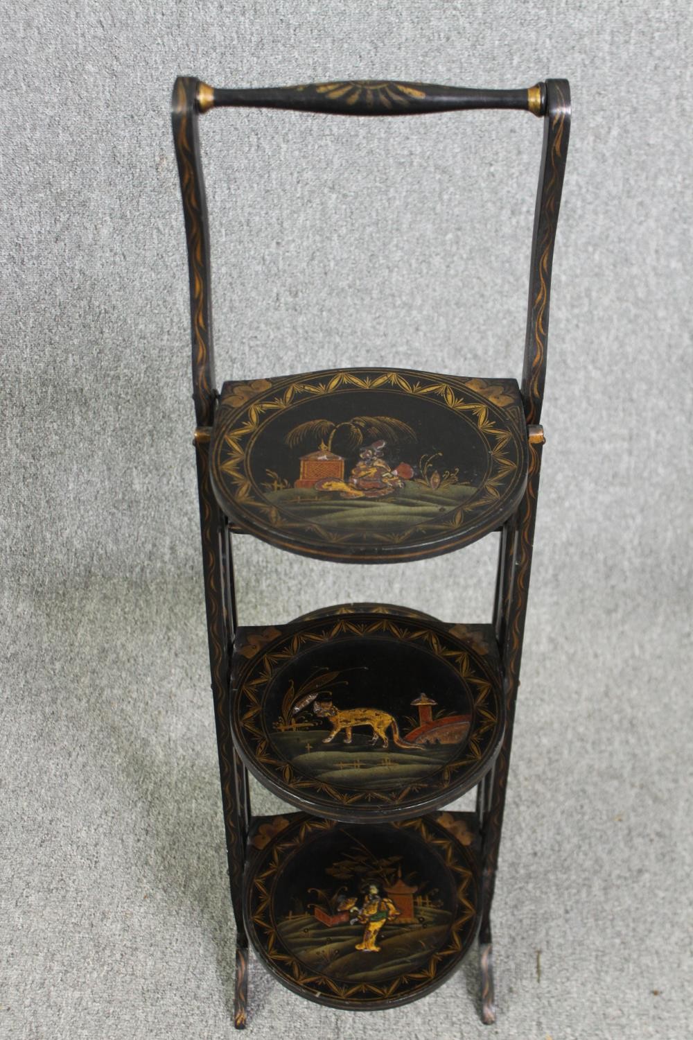 Two folding cakestands, one in oak, the other Chinoiserie lacquered, H.89cm. (each). - Image 7 of 11