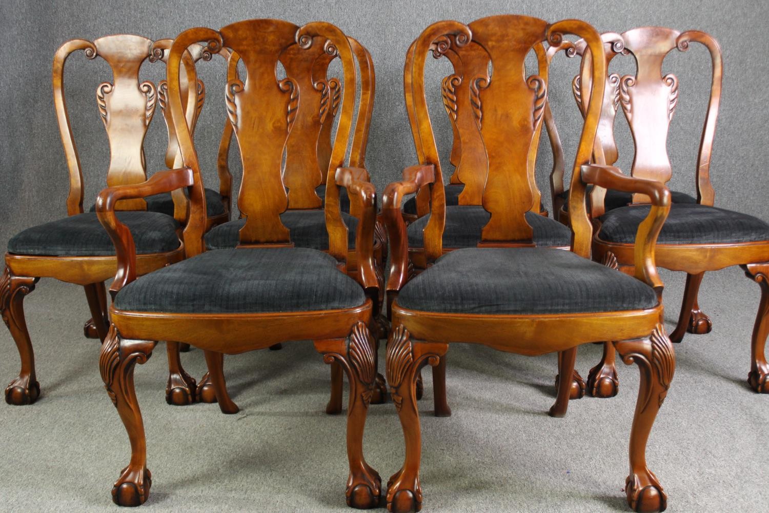 A set of ten George II style walnut and upholstered dining chairs, including two carvers - Image 2 of 15
