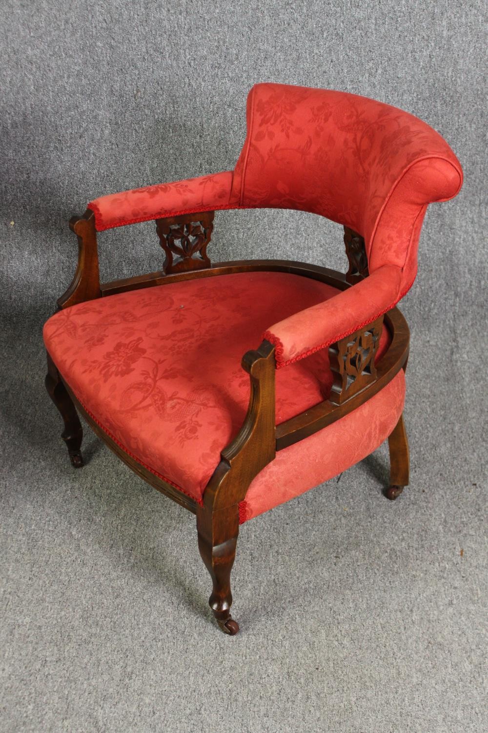 A pair of late Victorian walnut salon tub chairs, in red damask upholstery, H.74cm. (each). - Image 4 of 6