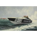 Michael Burnett (contemporary), oil on canvas of a speed boat. H.74 W.104cm.