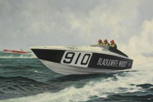 Michael Burnett (contemporary), oil on canvas of a speed boat. H.74 W.104cm.