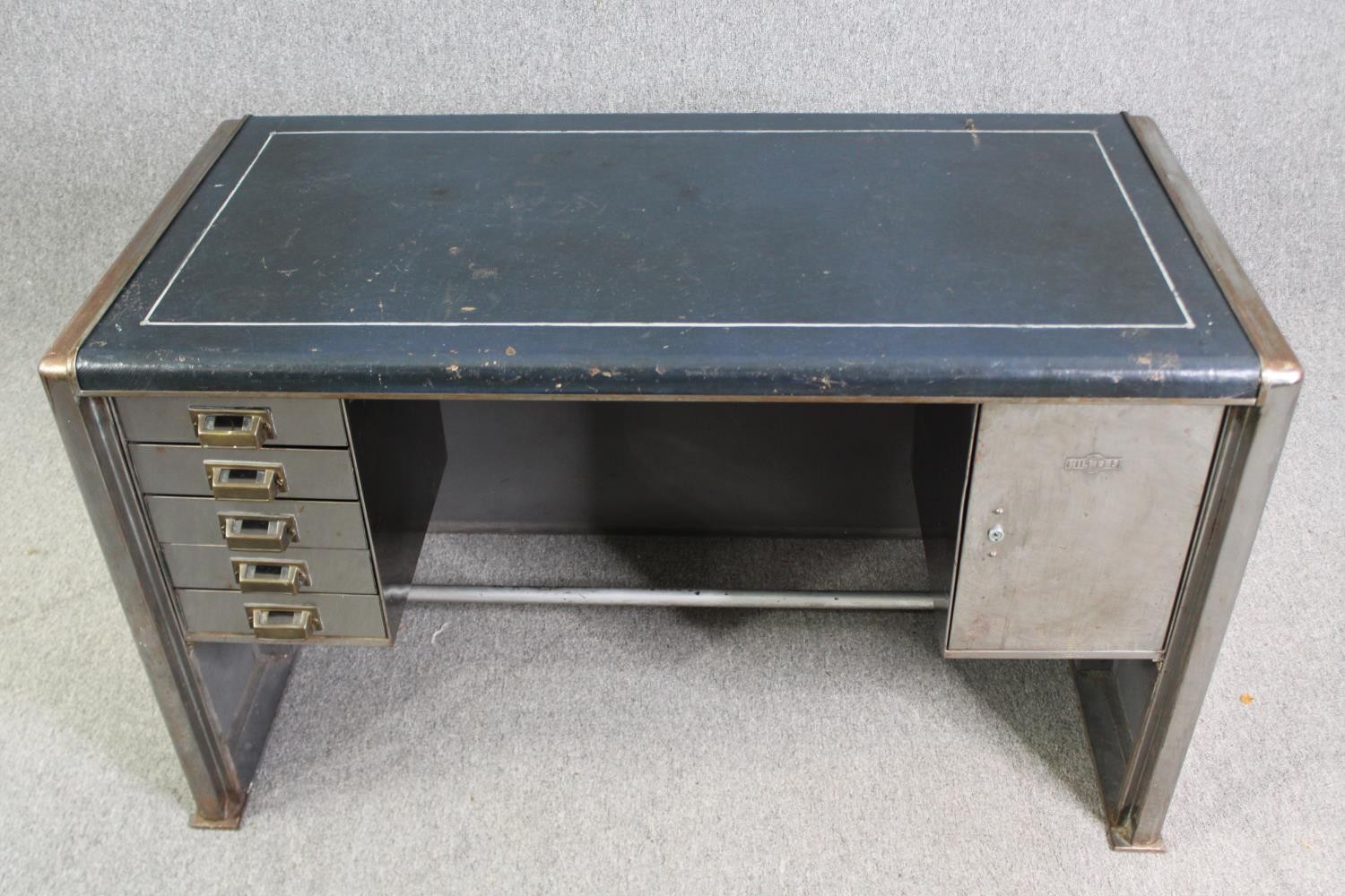 An industrial steel and leather desk by Harvey Milner, H.72 W.121 D.62cm. - Image 5 of 11