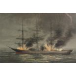 Marine interest, a watercolour depicting the sailing boat 'Marion Frazer' ablaze, within a glazed
