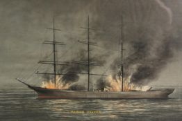 Marine interest, a watercolour depicting the sailing boat 'Marion Frazer' ablaze, within a glazed