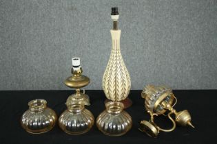 Two table lamps, a wall light and three glass shades. H.44cm. (largest)