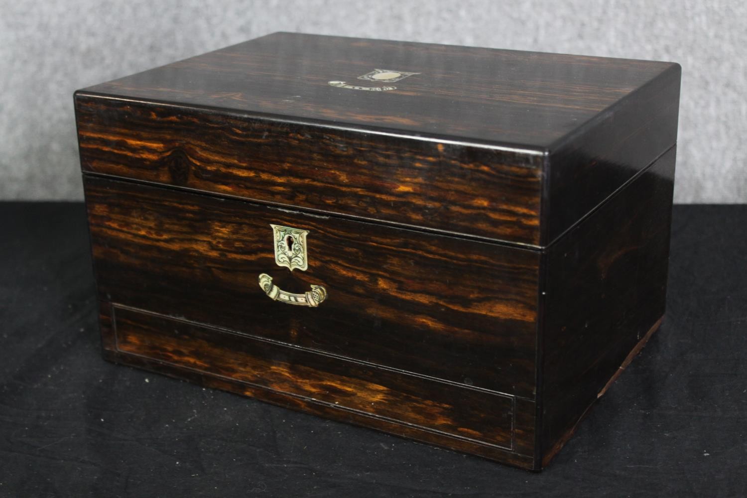 A Victorian coromandel travelling vanity box, with associated silver and glass fitted interior, H.18 - Image 5 of 15