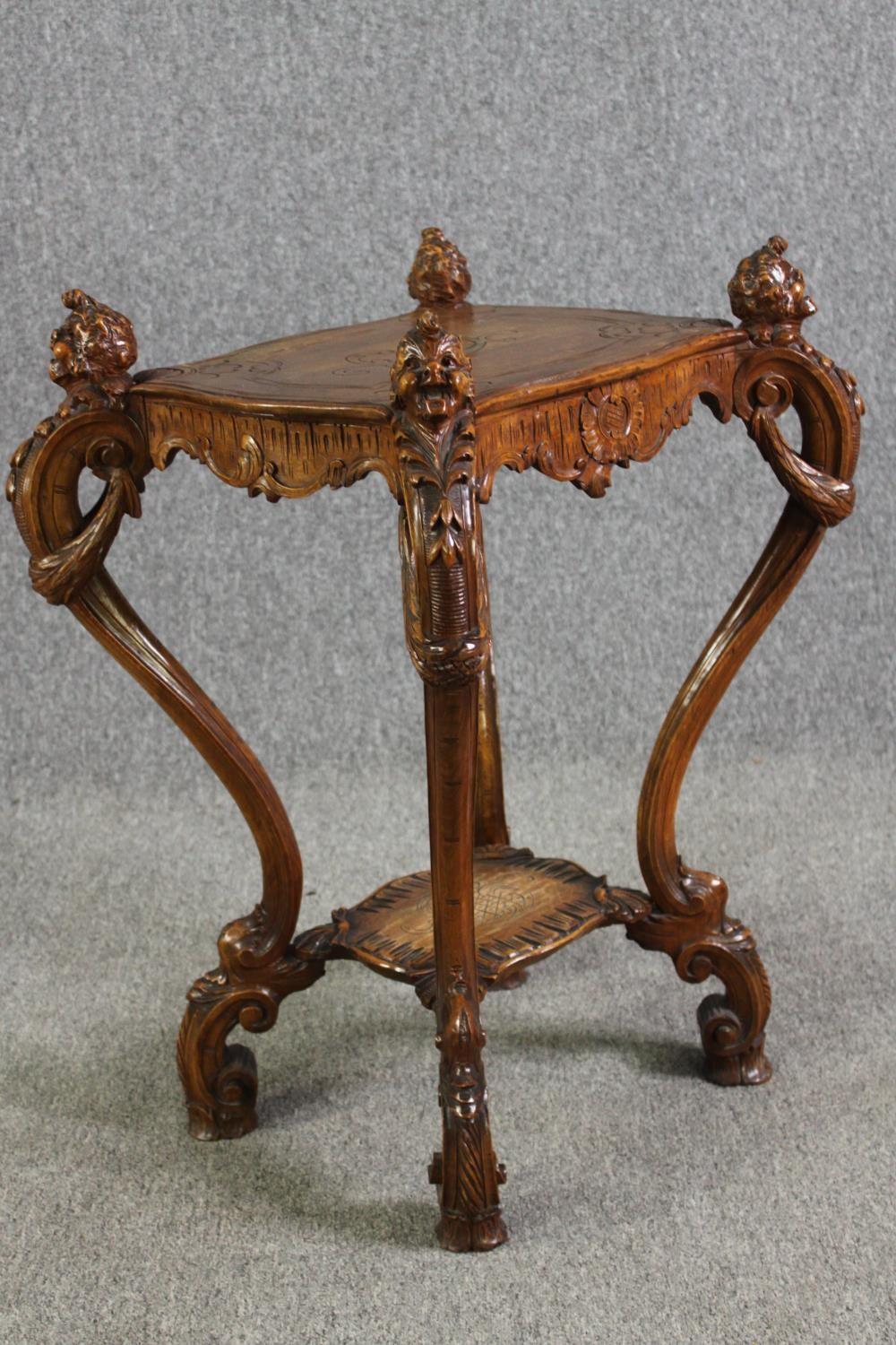 A French Rococo style carved walnut side table on mask carved cabriole supports, 19th century. H. - Image 3 of 9