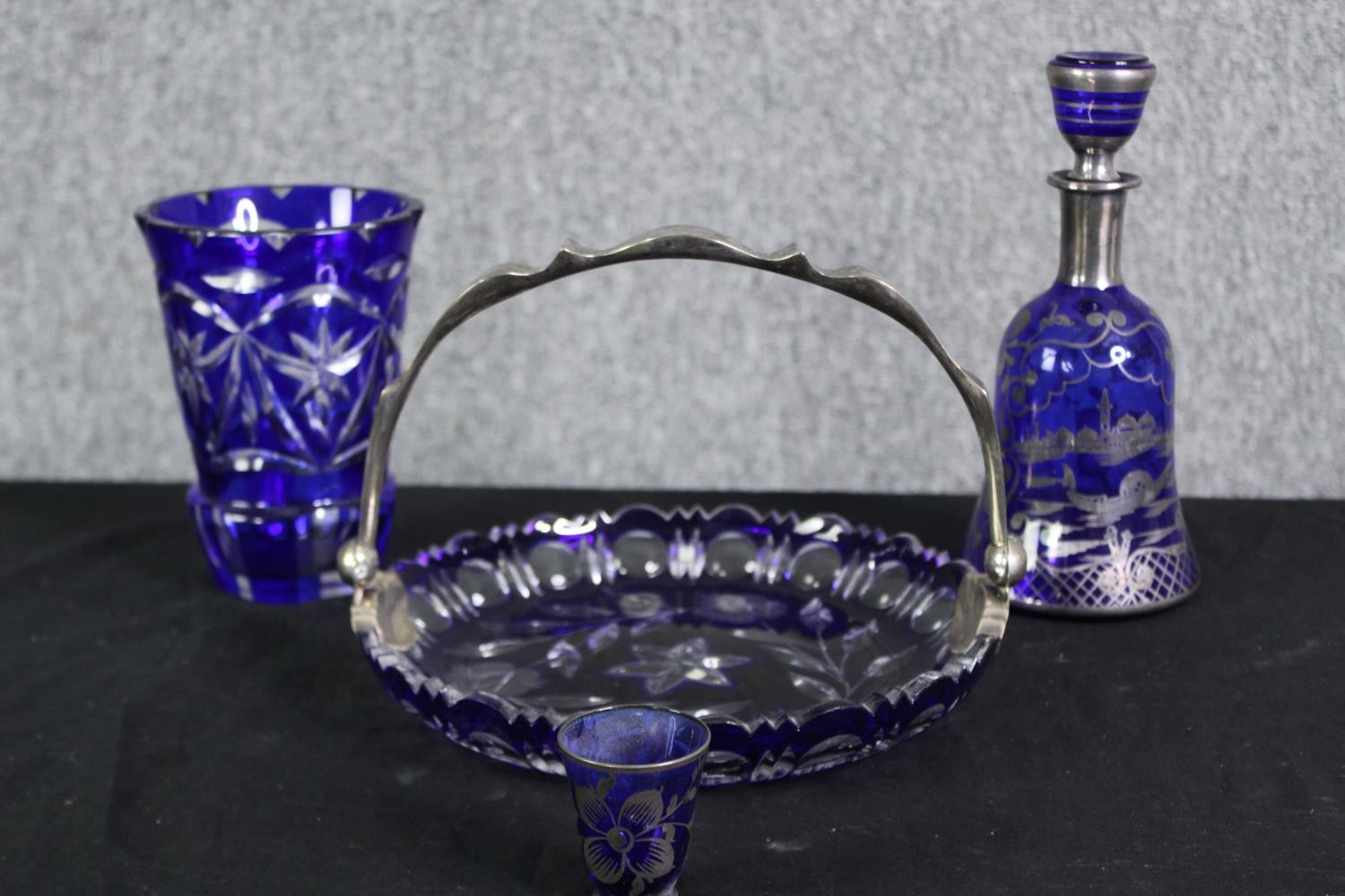 A collection of cobalt Bohemian glass, including a silvered blue decanter and shot glass with - Image 2 of 8