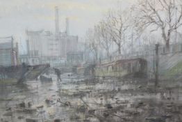 Ian Hay, a pastel mixed media work depicting a barge. H.54 W.70cm.