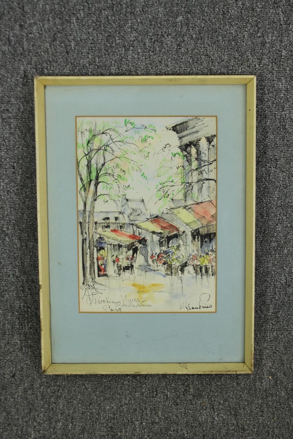 Watercolour with ink, mid century Parisian street scene, indistinctly signed and inscribed, framed - Image 2 of 4