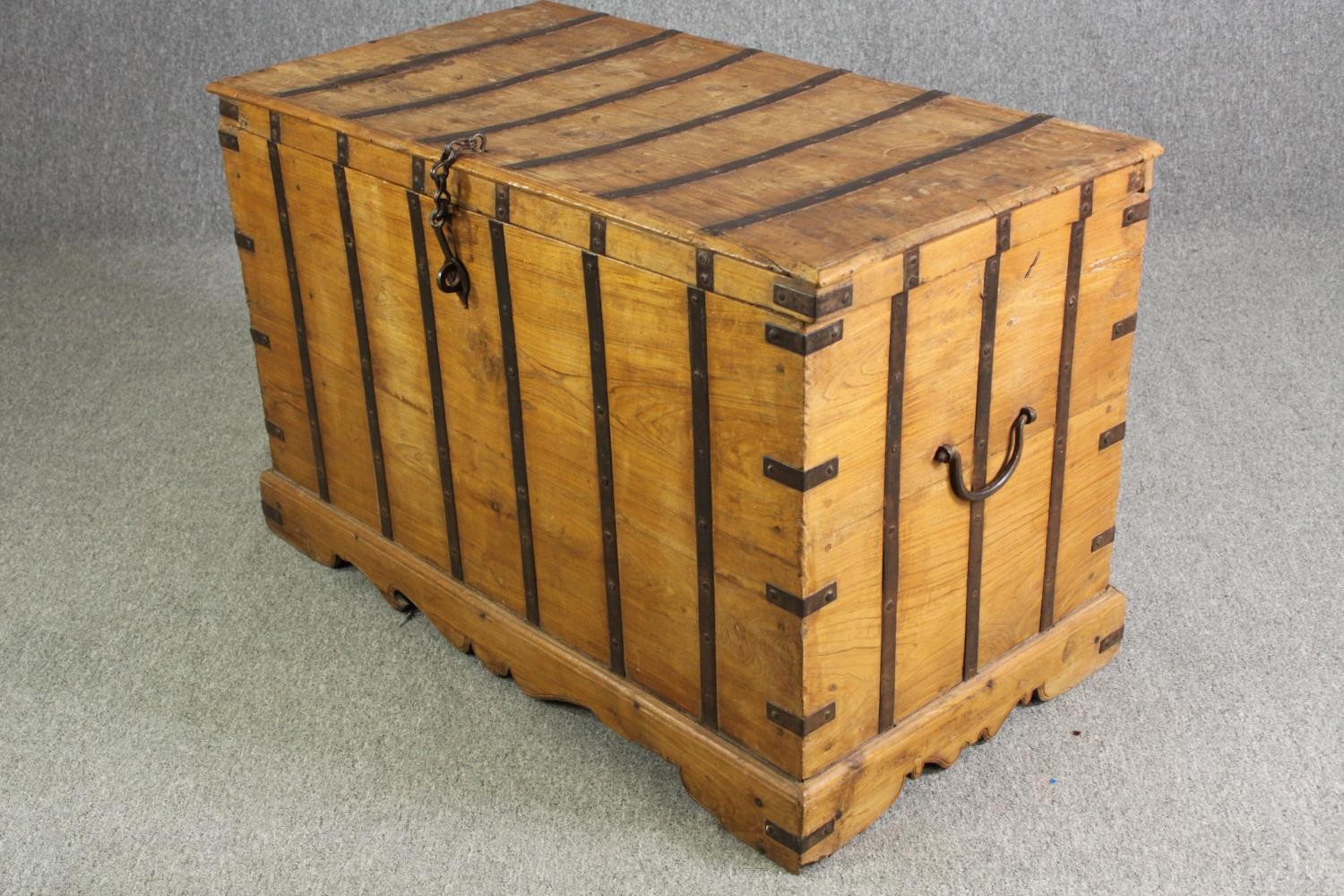 A continental pitch pine and metal bound lidded chest, probably 19th century, H.70 W.110 D.60cm. - Image 2 of 12
