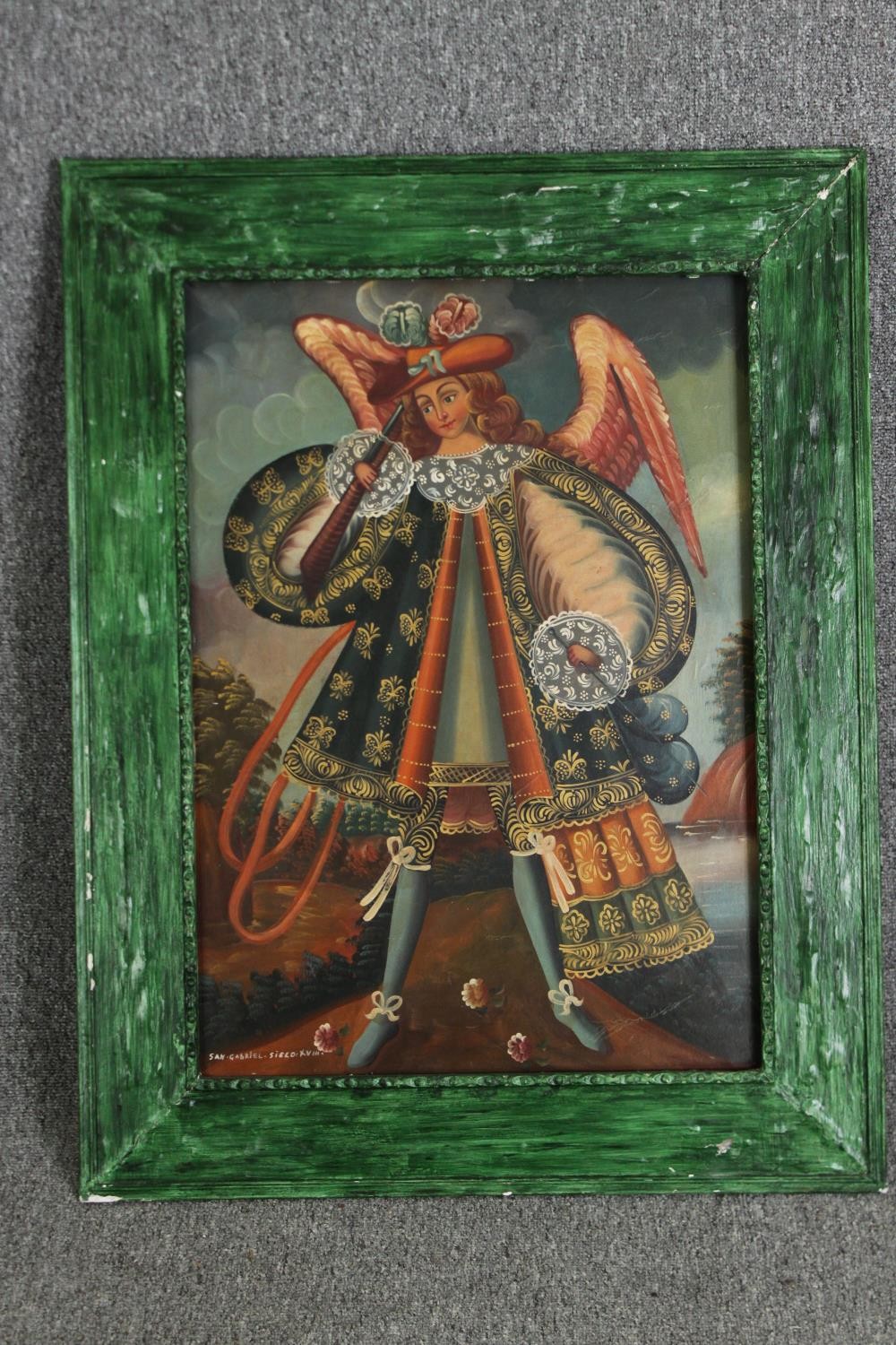 Cusco school, 20th century oil on canvas of archangel Gabriel. Signed Siglo and dated. Framed. H. - Image 2 of 4