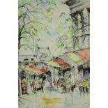 Watercolour with ink, mid century Parisian street scene, indistinctly signed and inscribed, framed