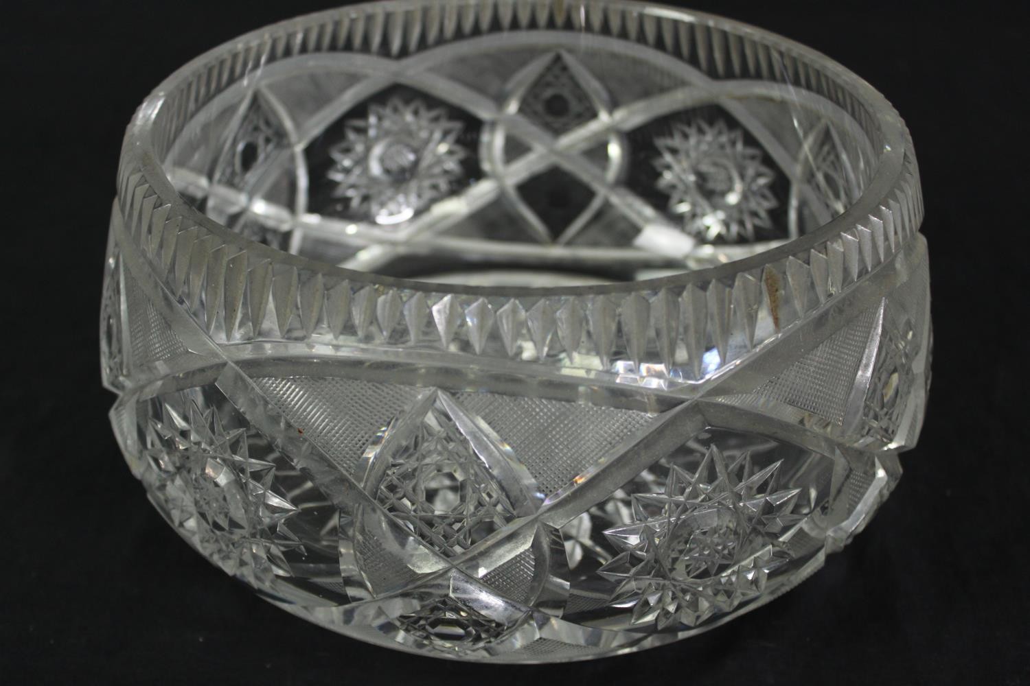A vintage cut glass fruit bowl along with other glass items. Dia.25cm. (largest). - Image 8 of 9