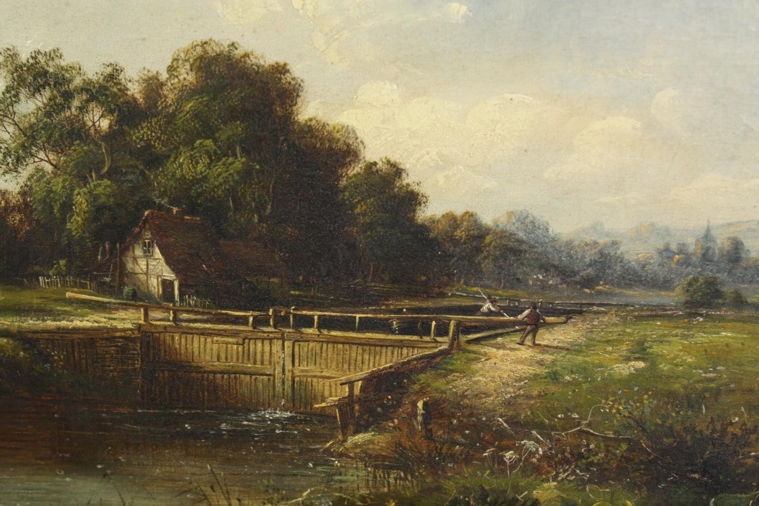 English school, an oil on canvas depicting a countryside scene with a lock, 19th century,