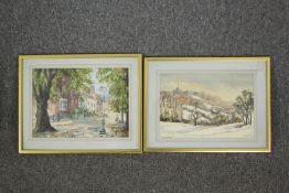 Two framed and glazed watercolours, street scene and a winter landscape, both signed Monica Barry.