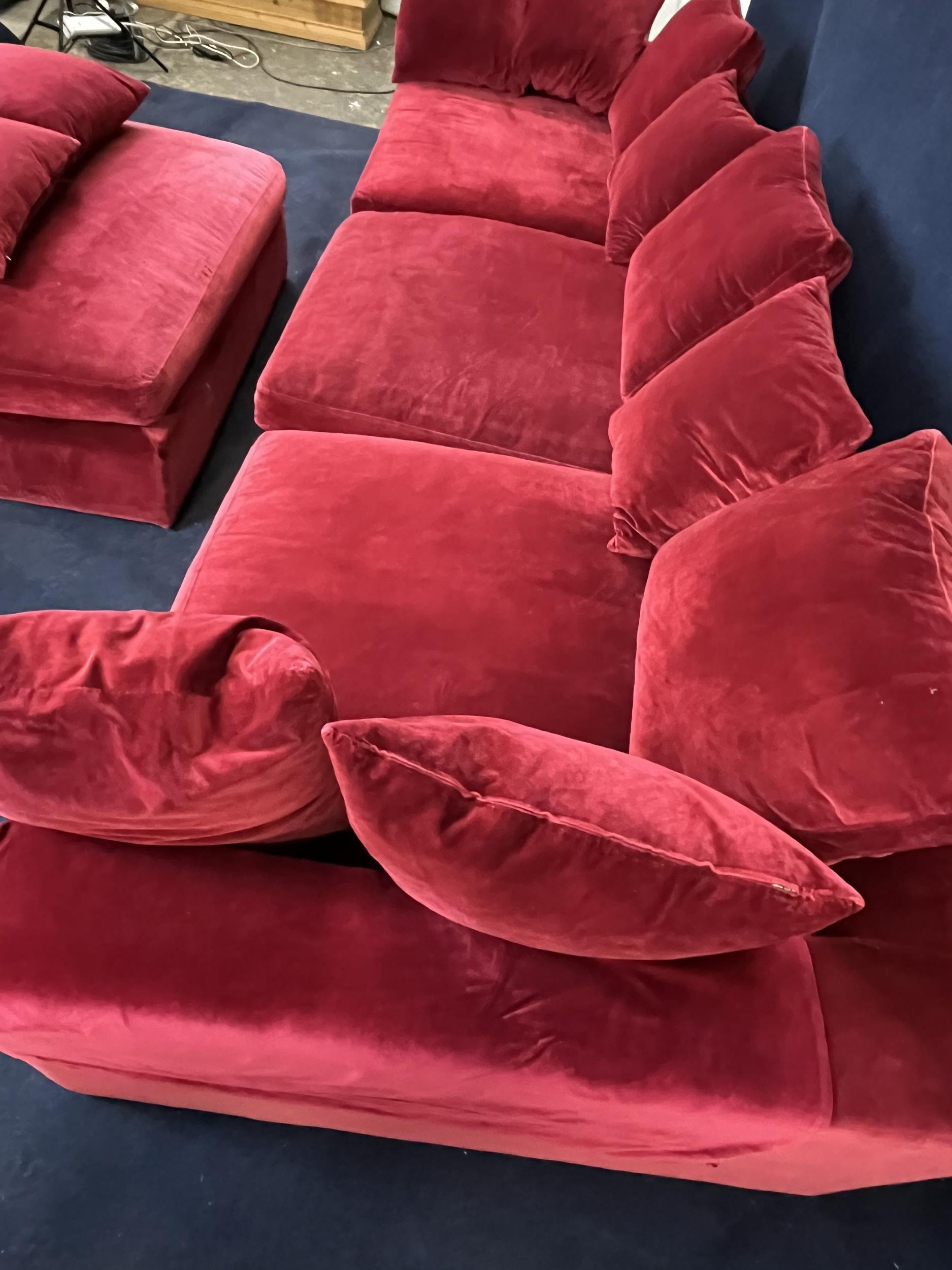 A large modern sofa in red upholstery, with a matching stool. H.60 W.330 in three parts D.120.cm - Image 5 of 5