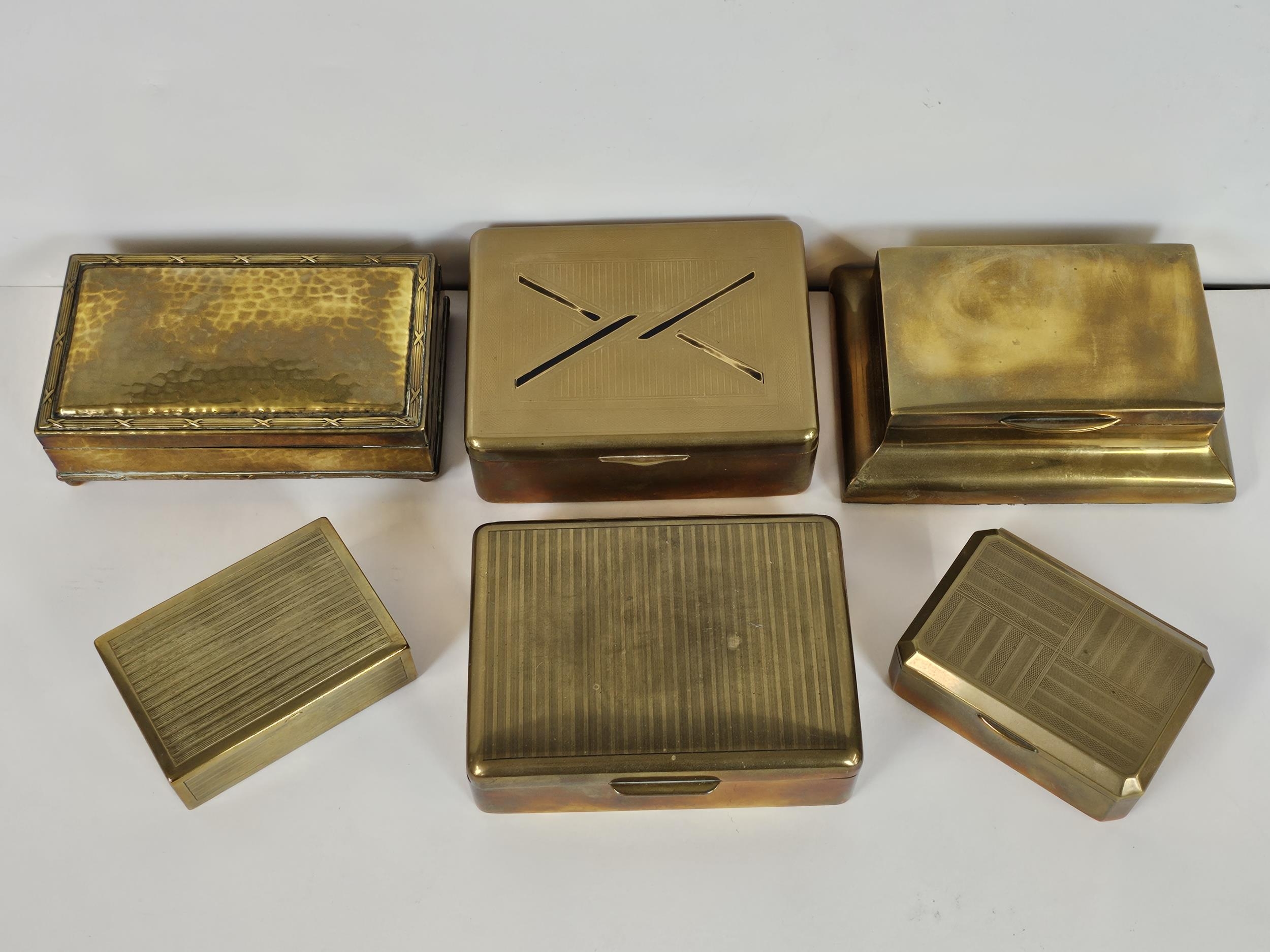 A good collection of brass boxes including a Trench Art cigarette box.